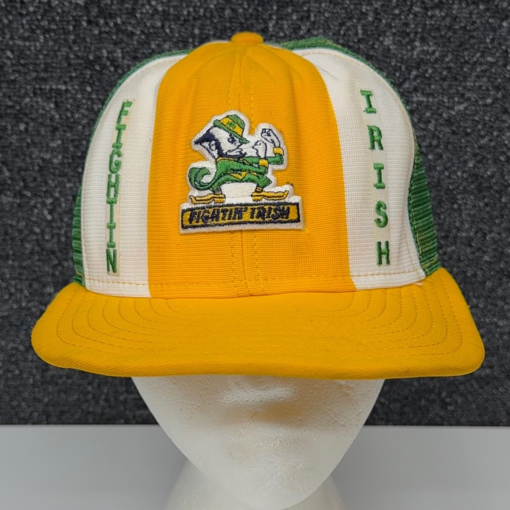 Vtg AJD Notre Dame Fighting Irish Trucker Hat Snapback Lucky Stripes USA Made